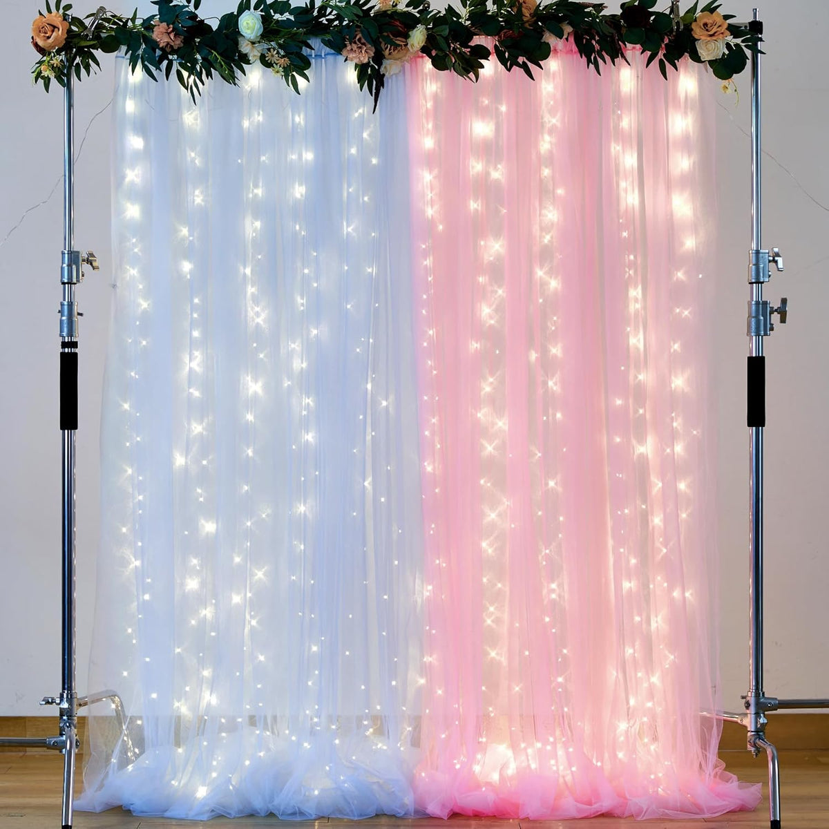 Pink and Blue Backdrop Curtains with Lights String for Baby Shower Sheer Tulle Backdrop Curtain for