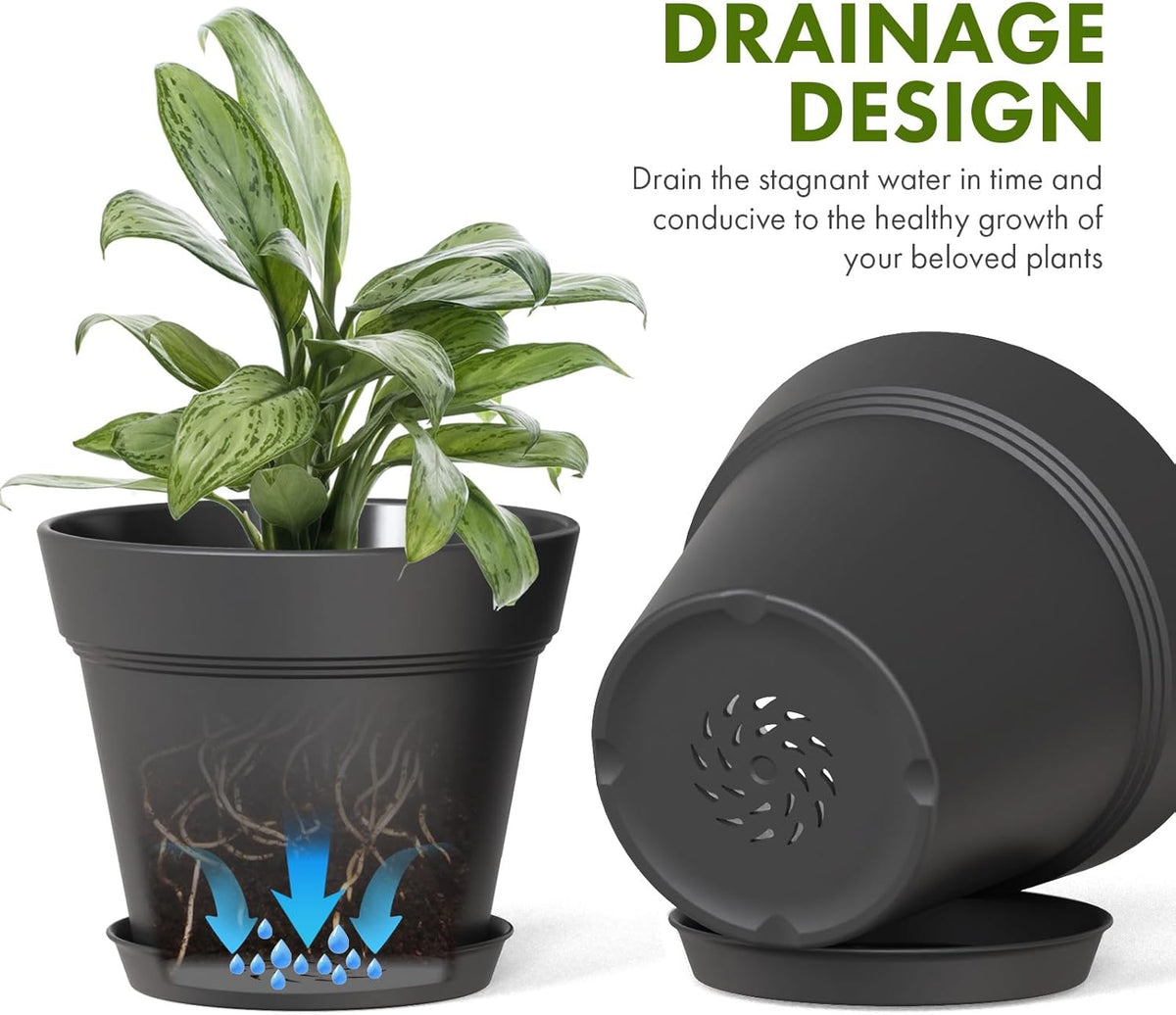 7 Inch Thick Plastic Plant Pots with Drainage Holes and Trays – 6 Pack Nursery Pots for Indoor &