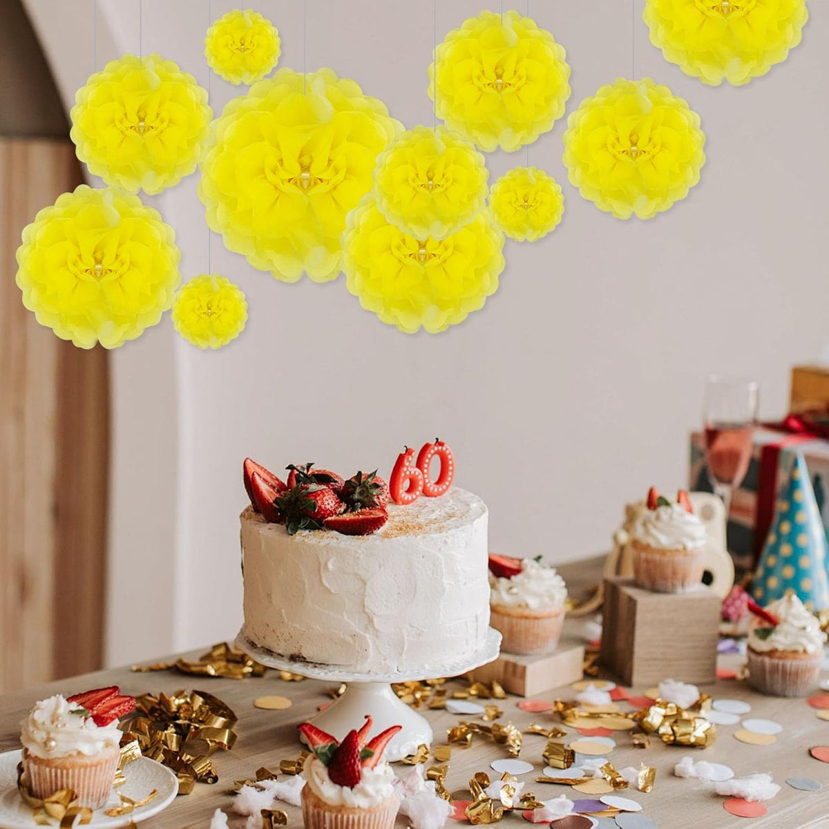 Tissue Paper Pom Poms, Light Yellow Tissue Paper Flowers, Hanging Flower Balls for Weddings Fiesta