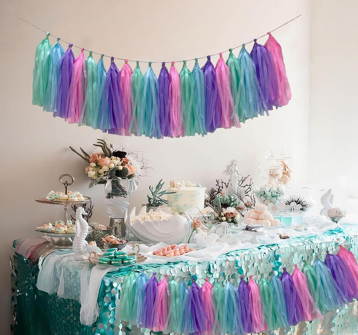 Blue Purple Mint Green Pink Tissue Paper Tassel Garland,Tissue Tassel Banner for Party