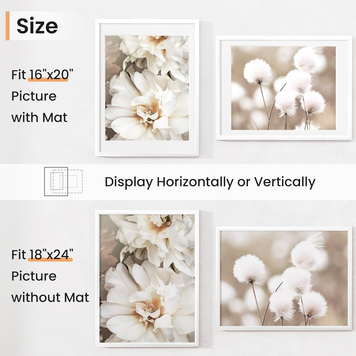 18x24 inch Picture Frame, 18x24 Photo Frames with 16x20 Removable Mat - High Definition Plexiglass