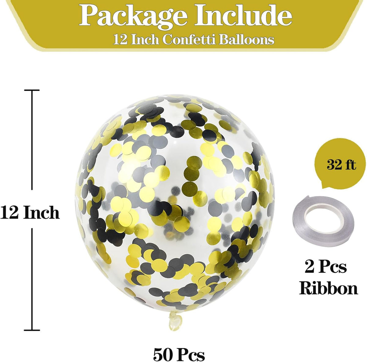 50pcs Gold Black Foil Confetti Balloons,12 inch Latex Balloon with Gold Black Confetti Inside for
