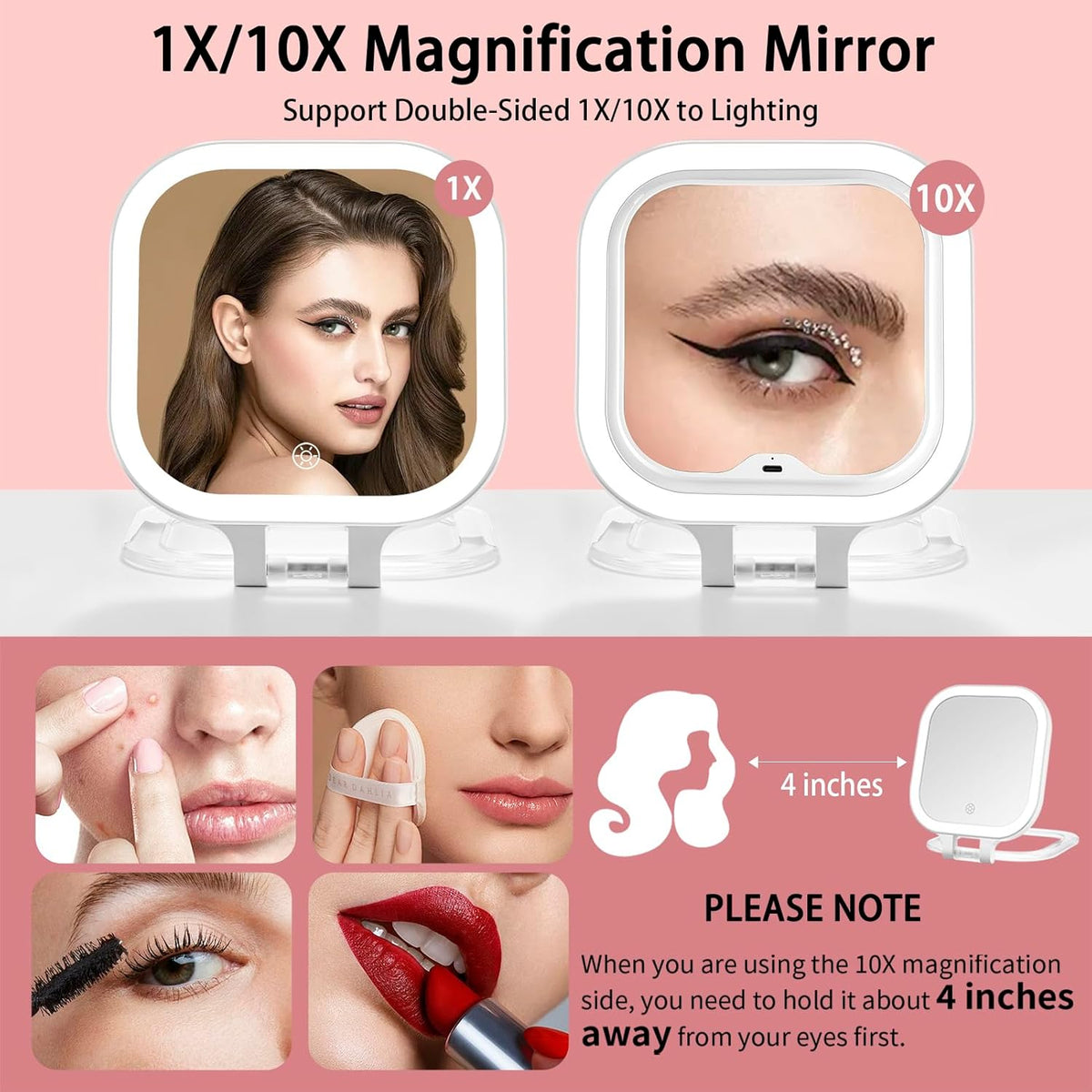 DESCHEN Rechargeable Travel Makeup Vanity Mirror with Lights and Magnification, Portable 1X/10X