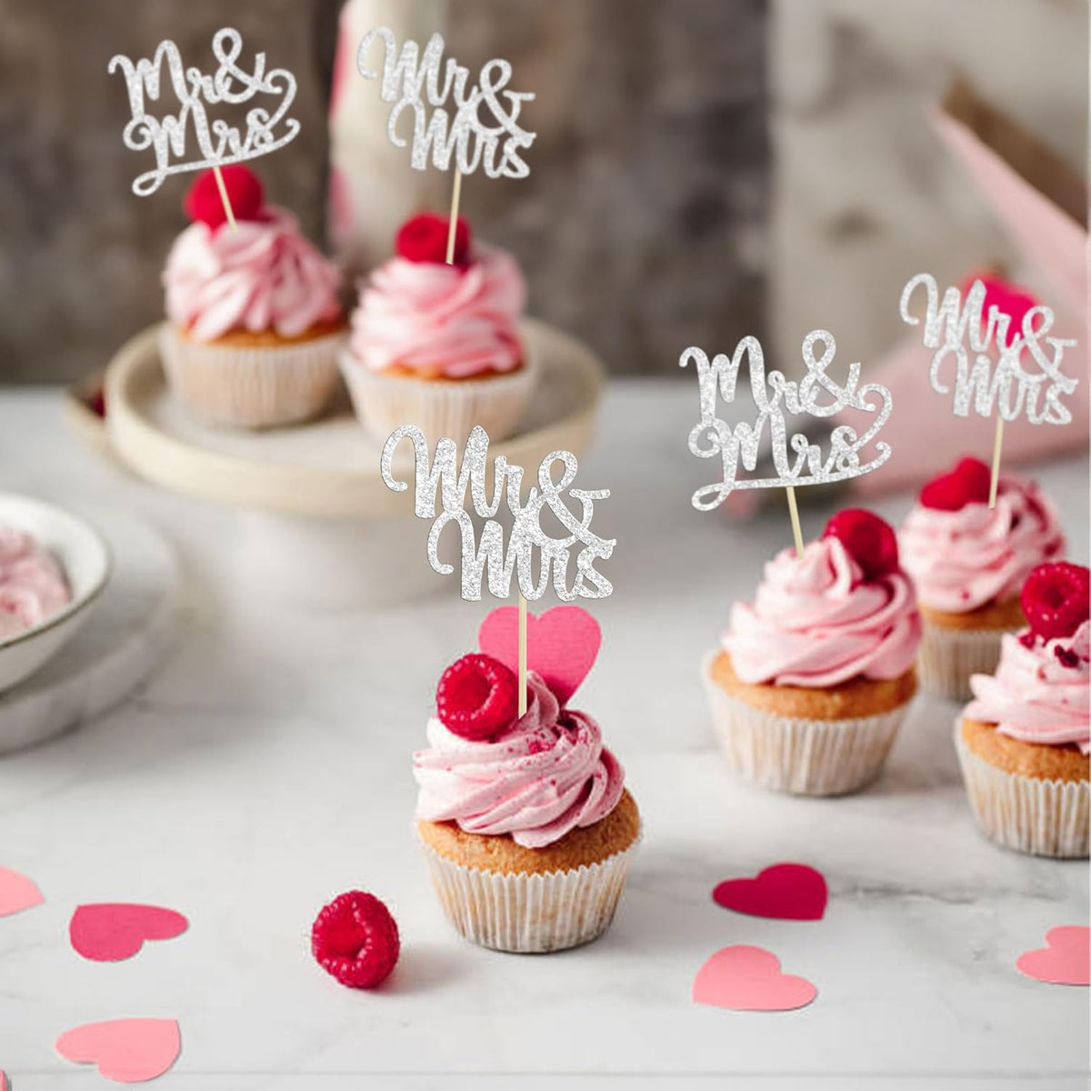 Gyufise 36Pcs Silver Glitter Mr & Mrs Cupcake Toppers Love Cake Decoration Picks for Wedding &