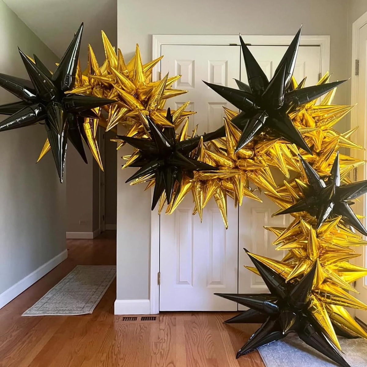 Black Star Balloons 12pcs, 27/22 Inch Foil Star Explosion Balloons, Large Spike Mylar Cone Balloon