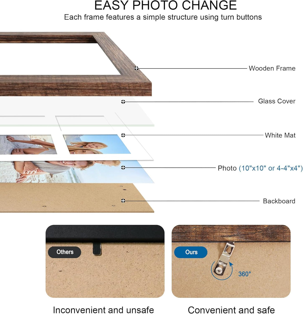 10x10 Picture Frame Set of 2, Real Glass and Rustic Brown Collage Frame, Display Pictures Four