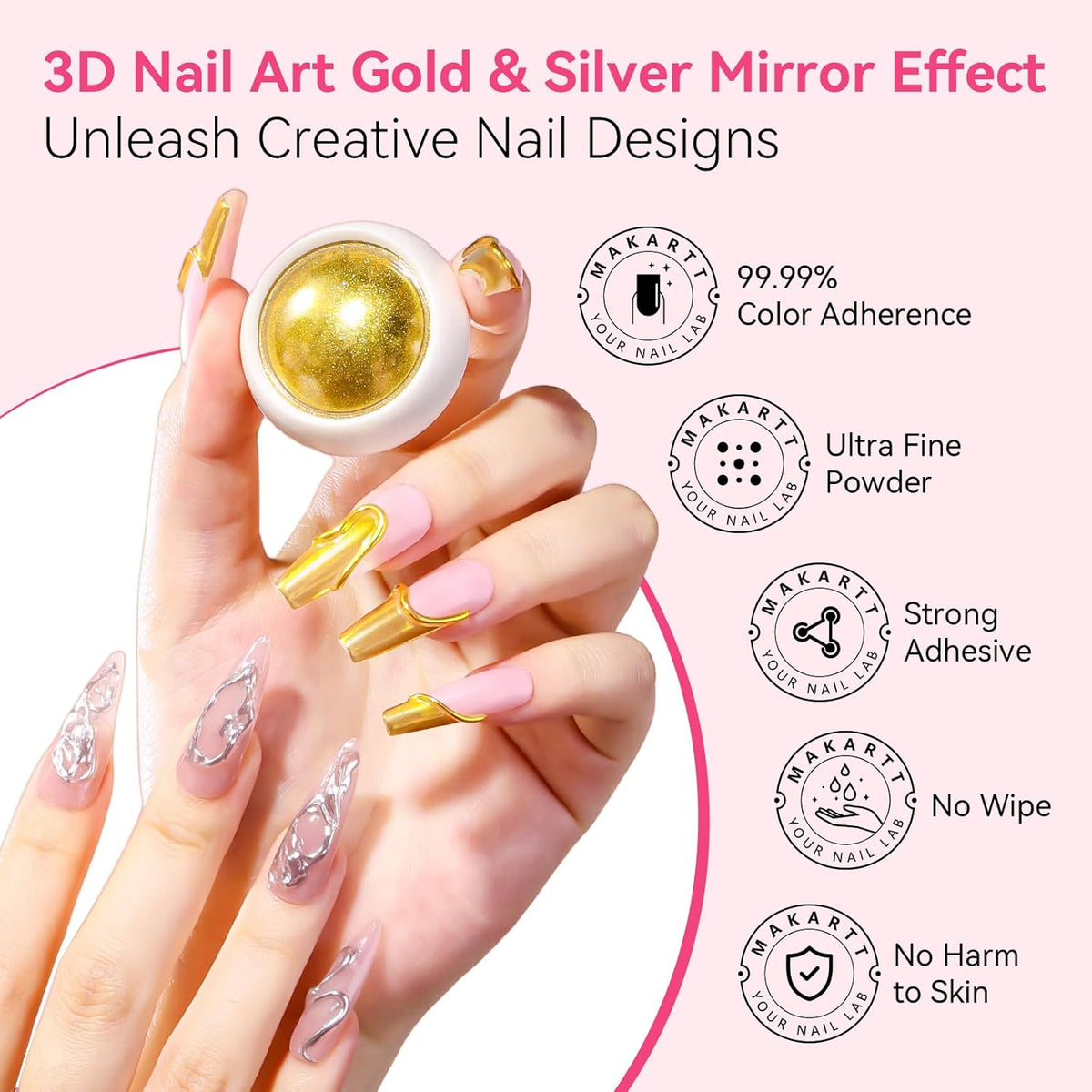 Makartt 3D Gel Nail Art & Chrome Nail Powder Kit: 15g Sculpting Gel for Nail Art DIY No wipe 3D
