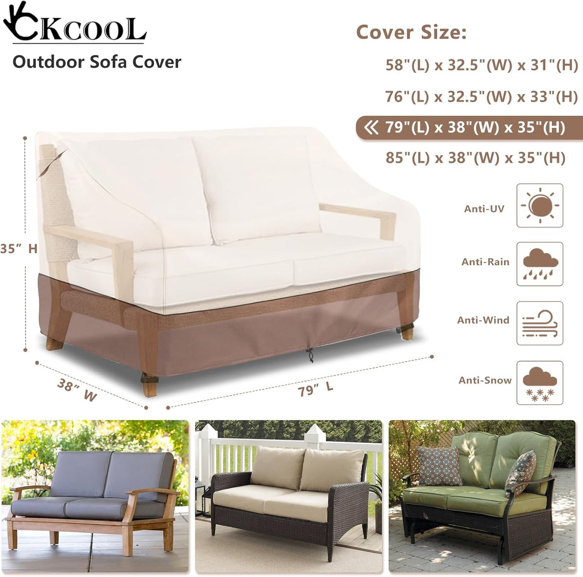 Okcool Heavy Duty Patio Sofa Cover, 100% Waterproof 3-Seater Outdoor Sofa Cover Fits up to 79W x