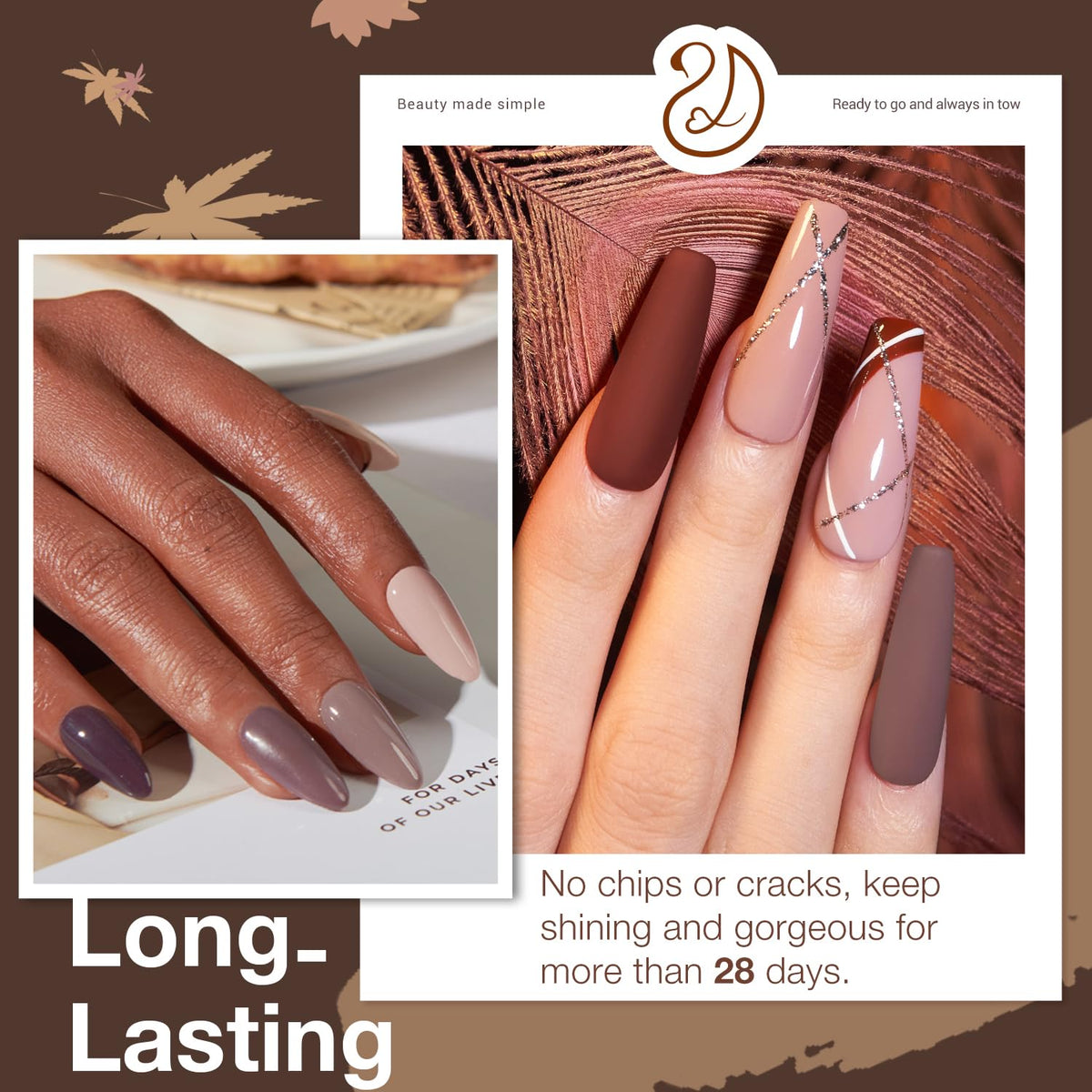 AZUREBEAUTY Dip Nails Powder Starter Kit 8 Colors with Nail Sticks Nude Brown Giltter Shimmer Set