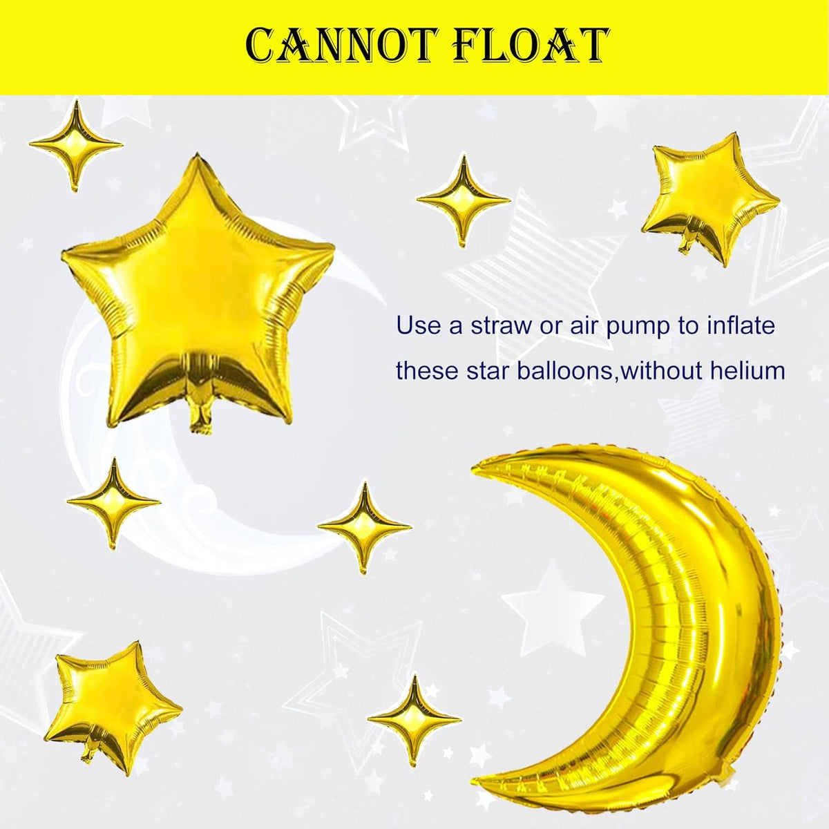 50pcs Moon and Star Balloons Gold，36"Moon Foil Balloons 18"10" Star Foil Balloons Four Pointed Star