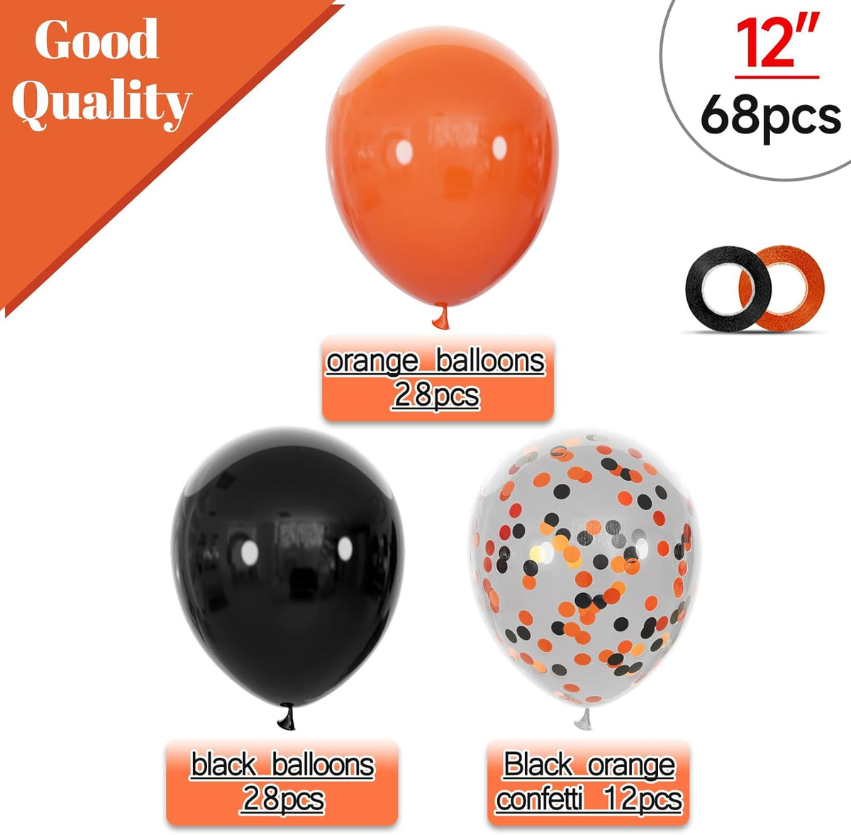 68Pcs Black and Orange Balloons, 12 inch Orange Black Latex Balloon Set with Confetti Ribbons