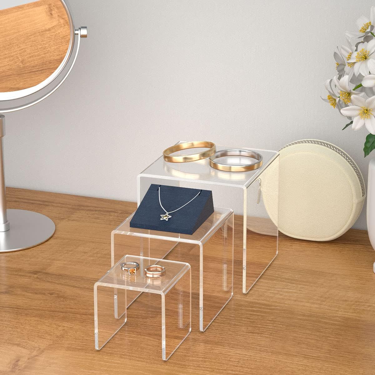 HIIMIEI Clear Acrylic Display Risers 2 Sets, 3-Tier Risers Stands Showcase for Amiibo Funko Pop