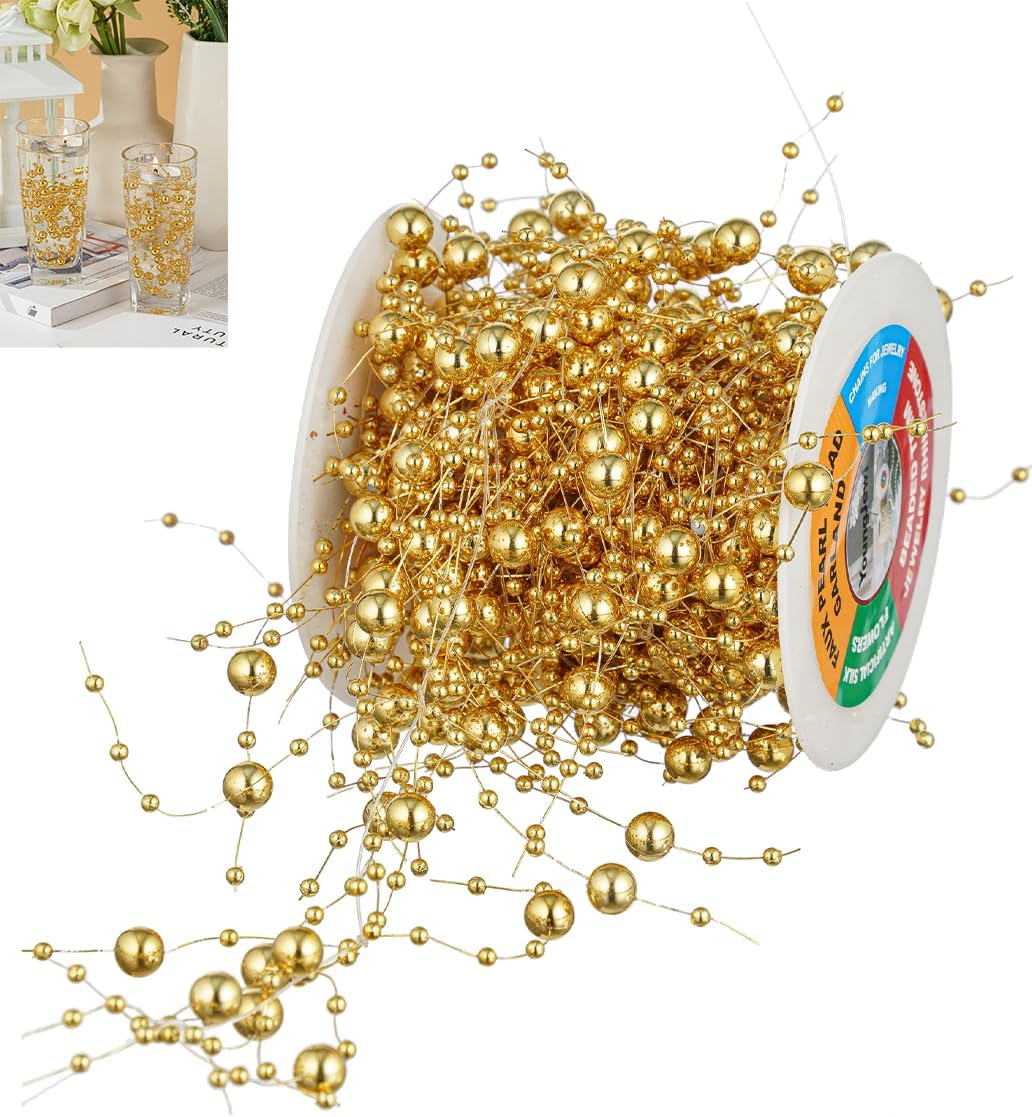 13Feet Pearl String Spool Roll for Floating Candles Faux Pearls Strands Garland for Vase Filler