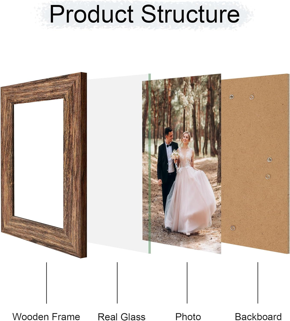 5x7 Picture Frame Set of 4, High Definition Glass Brown Frame, 5 x 7 Wood Rustic Photo Frames for