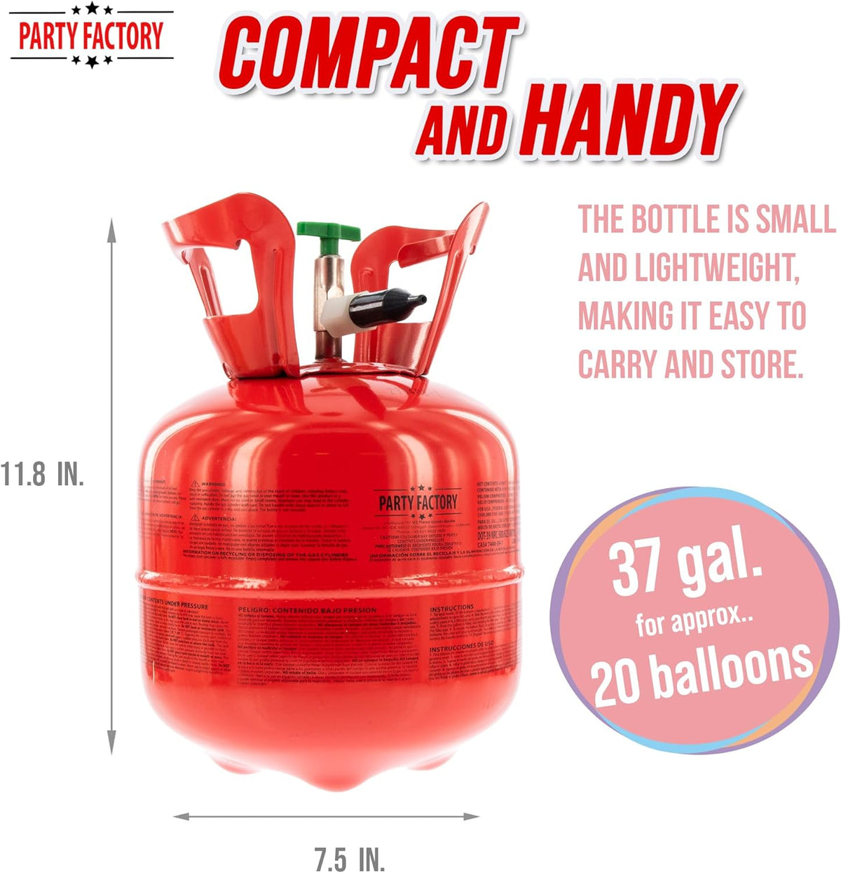 Party Factory set of 3 helium tanks for 20 balloons each, 3 helium cylinders with 5 cu. ft. gas