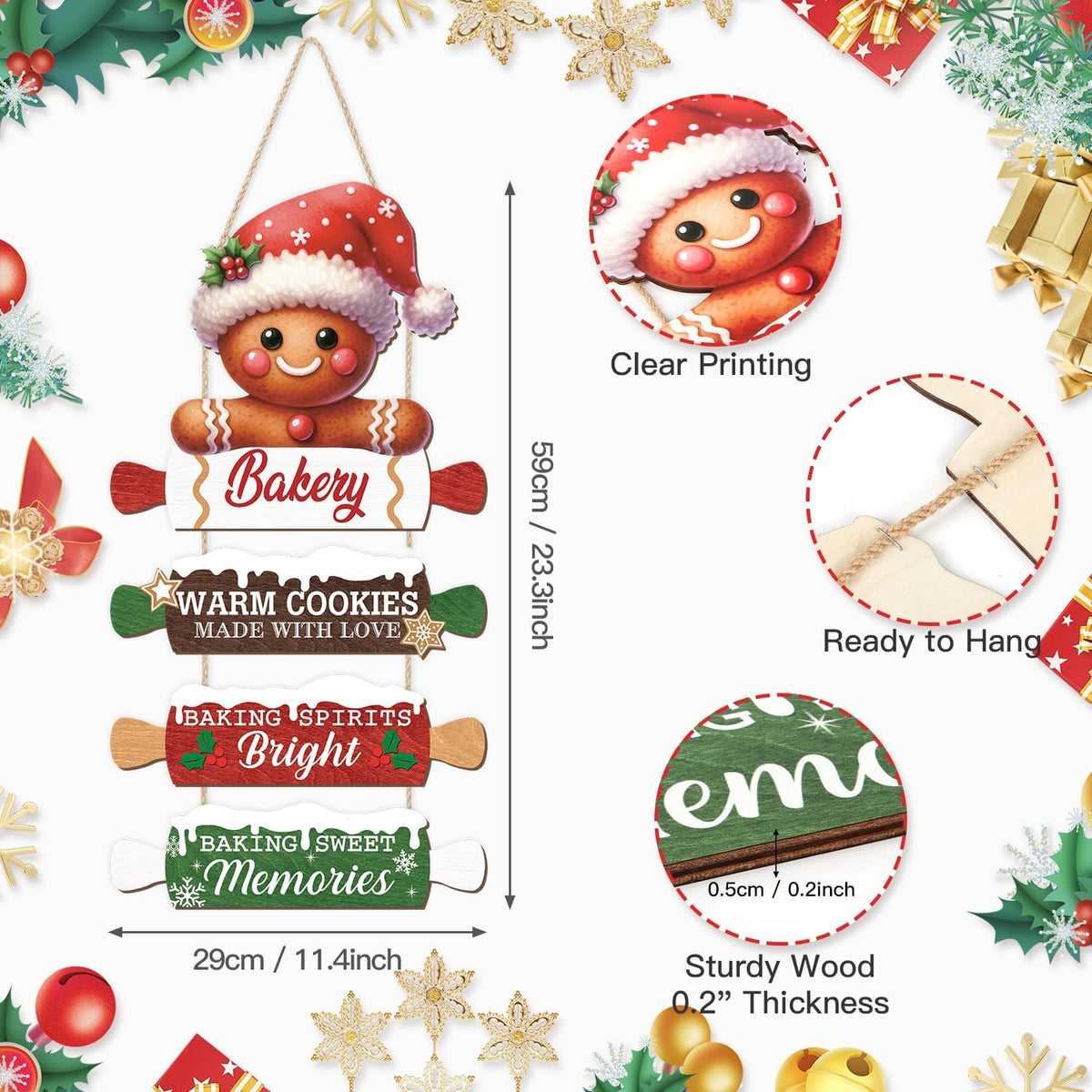 CHDITB Wooden Gingerbread Bakery Christmas Door Hanger, Rustic Christmas Wall Hanging Sign with