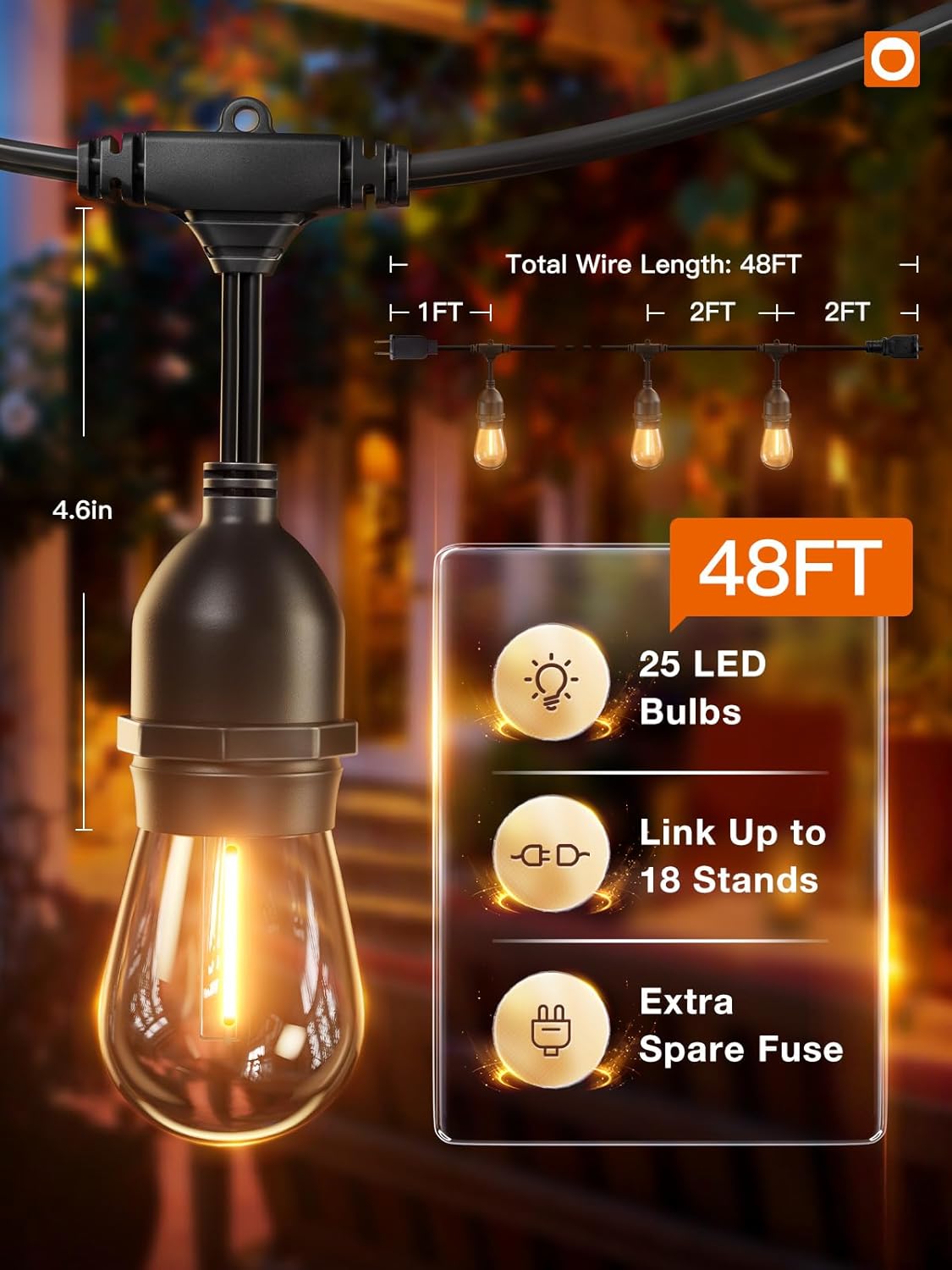 addlon 48FT LED Outdoor String Lights with 25 Edison Vintage Shatterproof Bulbs and Commercial