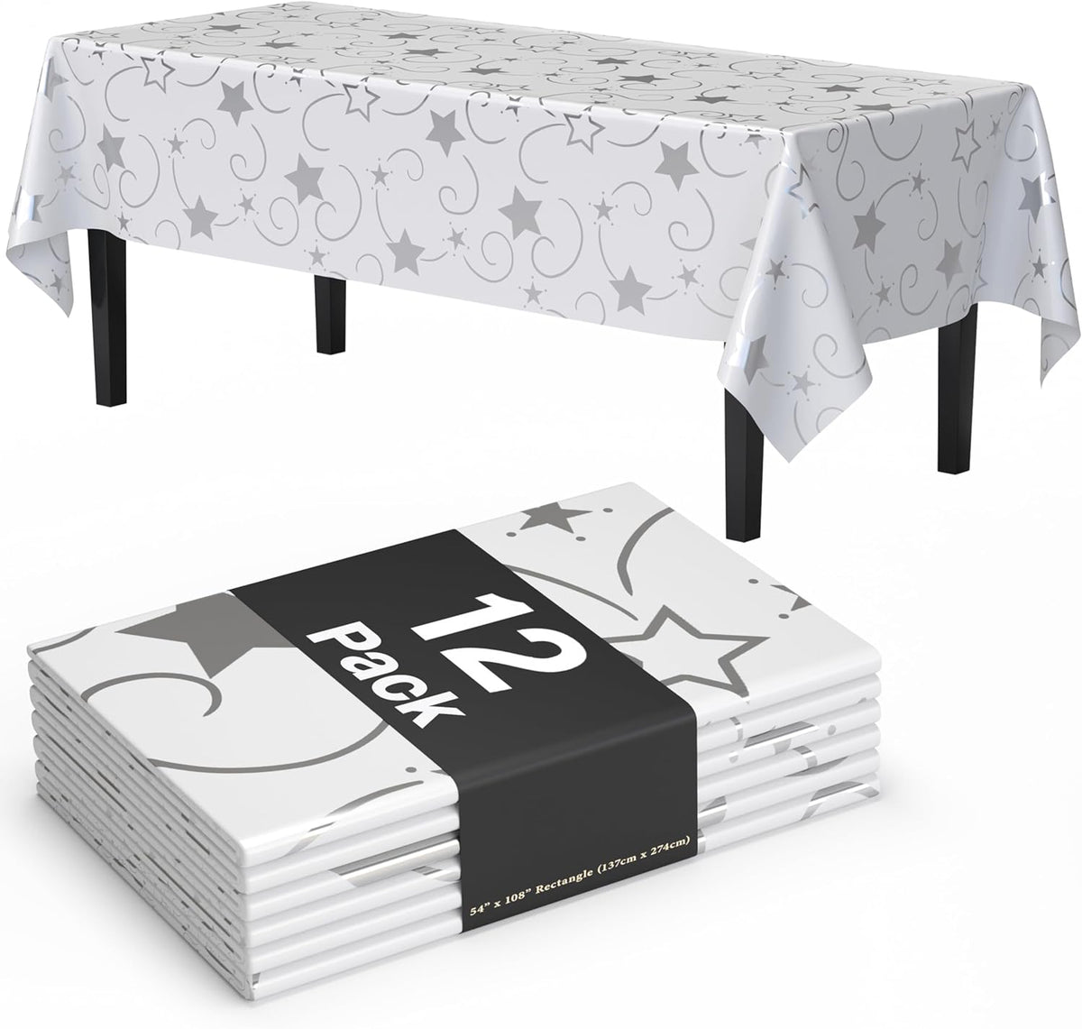 Exquisite Silver Star Tablecloth Plastic 12-Pack Disposable Rectangle Tablecloths 54" x 108" Silver