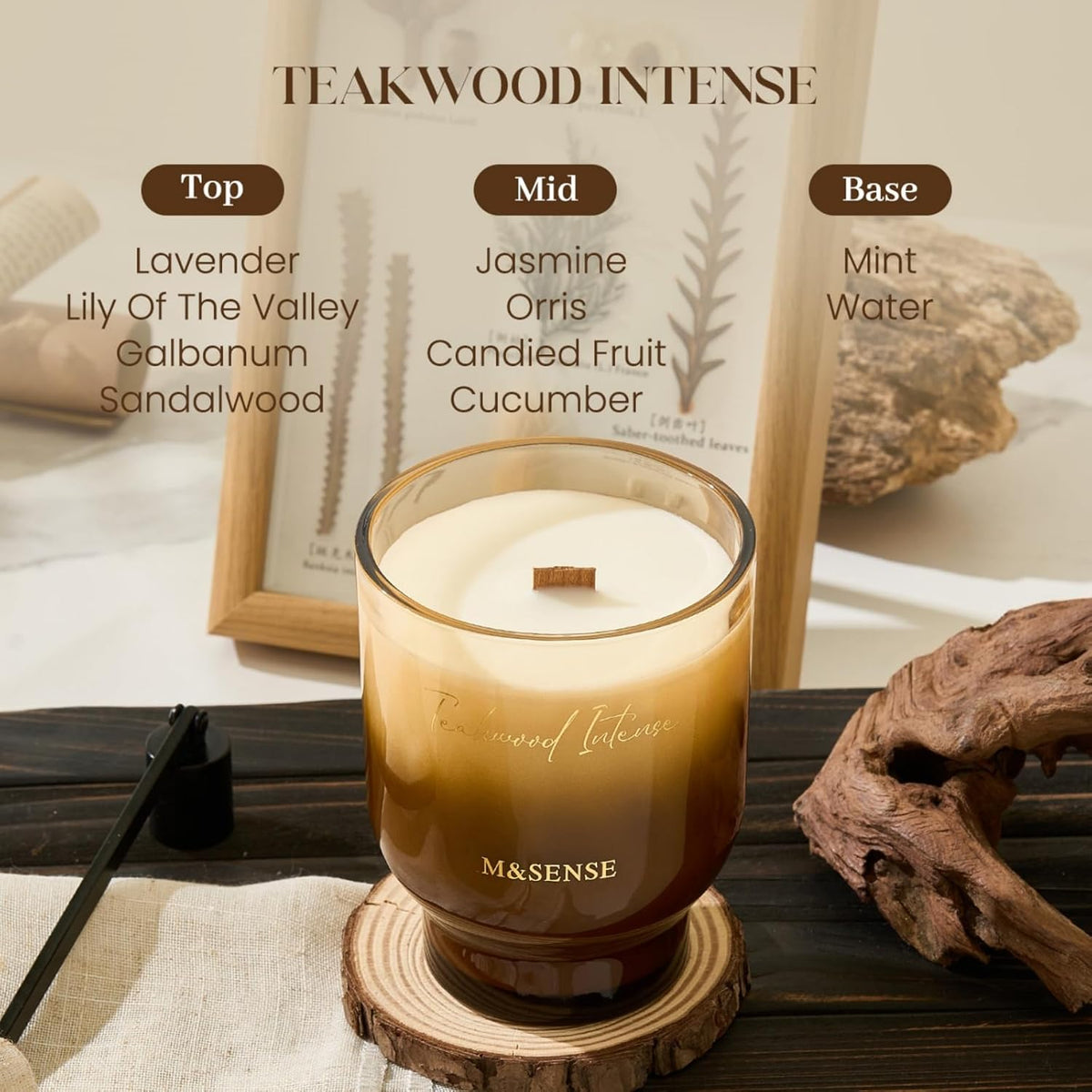 M&SENSE 16.6oz Natural Soy Large Jar Candle with Wooden Wick | Teakwood Intense Scent | 95-Hour
