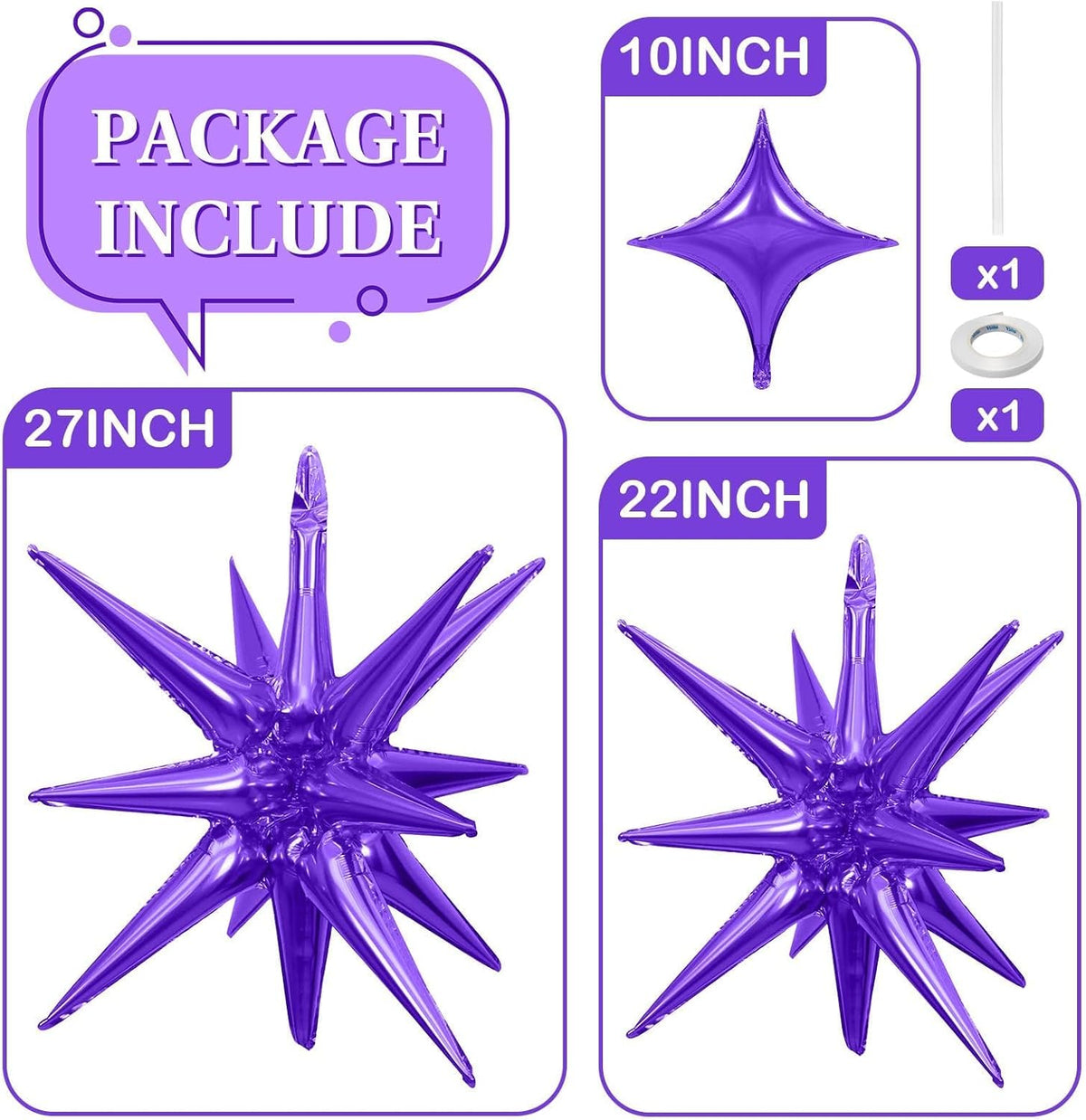 Purple Star Balloons 12pcs, 27/22 Inch Foil Star Explosion Balloons, Large Spike Mylar Cone