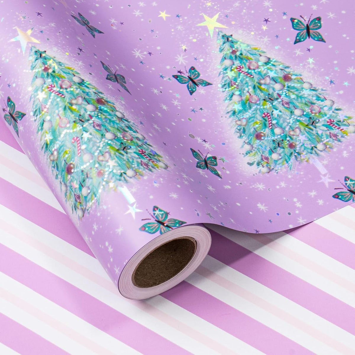 LeZakaa Christmas Purple Wrapping Paper Mini Roll, Christmas Tree Butterfly, Pink Purple Stripe