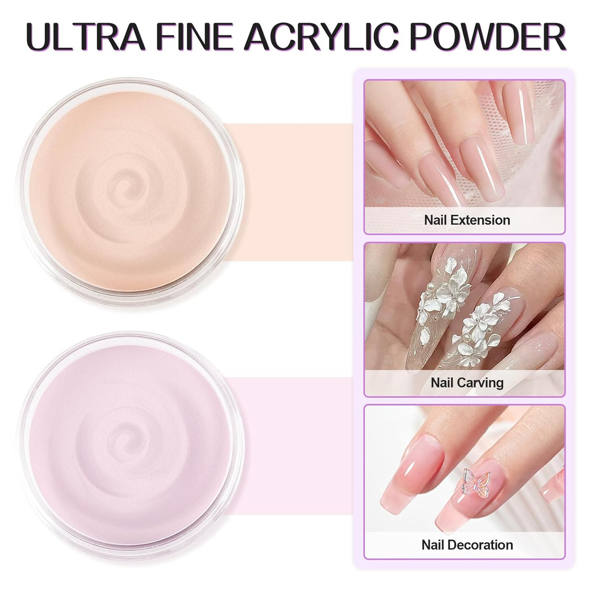 TOROKOM Acrylic Nail Powder Set, 2 Colors Nude Pink Acrylic Powder Colored for 3D Art Nail Carving