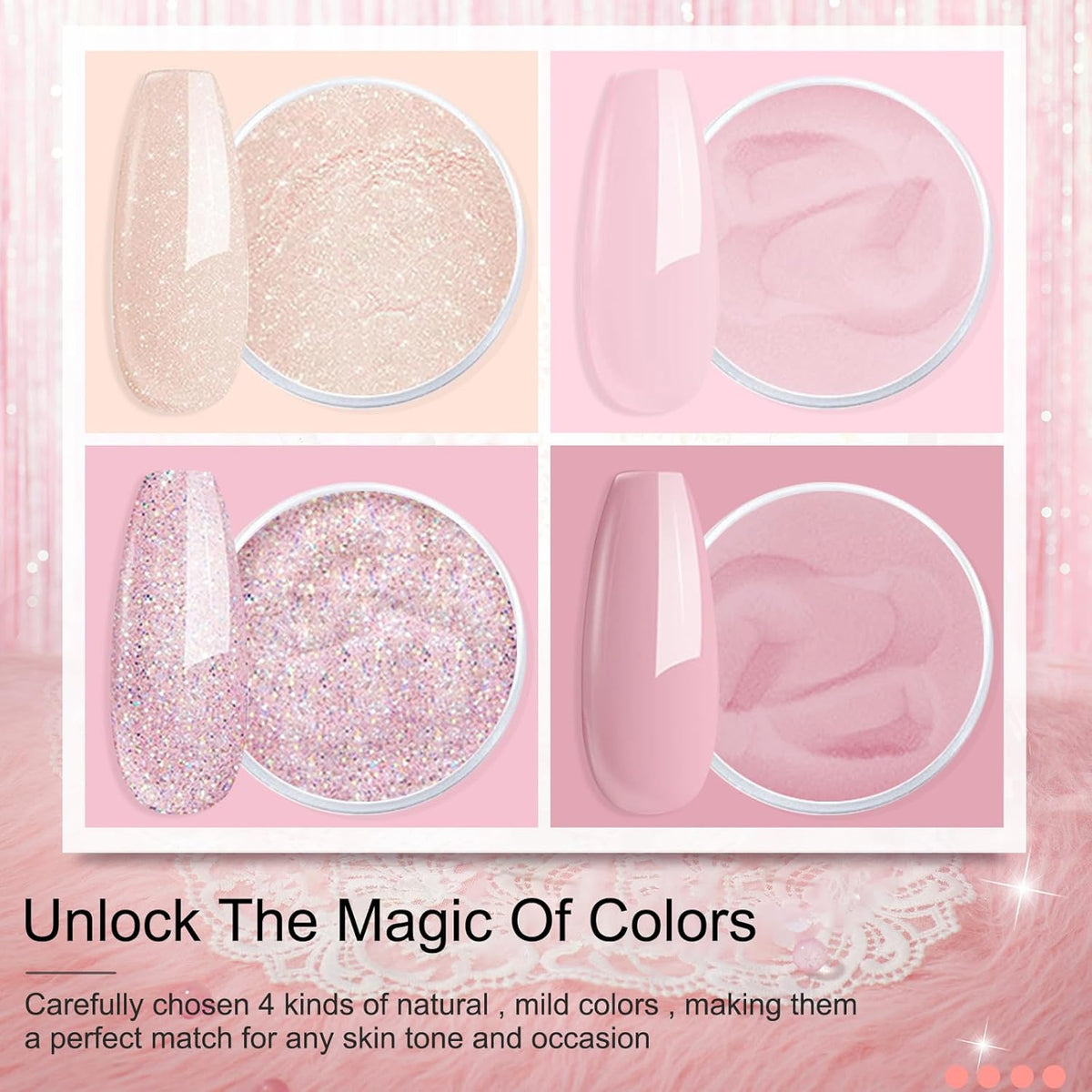 Honey Joy Dip Powder Nail Kit Starter, 4 Colors Pink Glitter Fine Dipping Powder Nude Color Kit