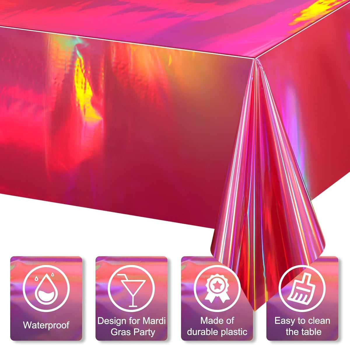 8 Pack Hot Pink Iridescence Plastic Tablecloths Shiny Disposable Laser Rectangle Table Covers
