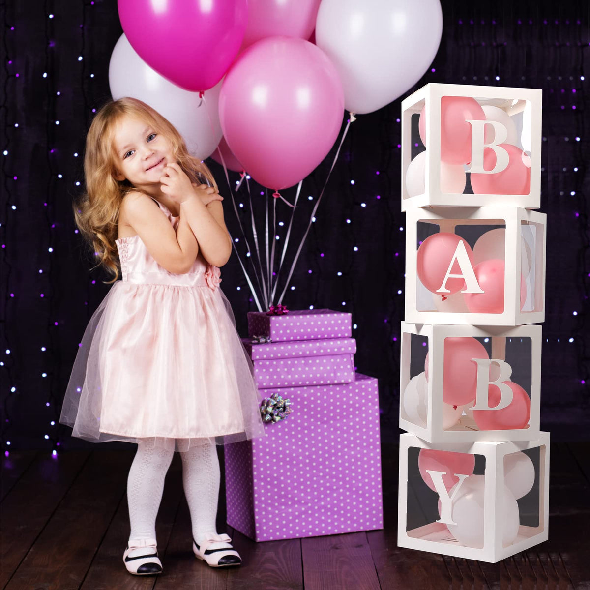 Voircoloria Baby Boxes with Letters, 4 Transparent Balloon for Gender Reveal Birthday Wedding Baby