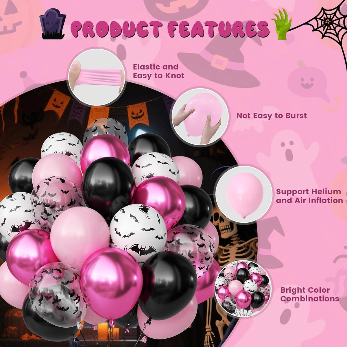 Pink Halloween Balloons Set, 50PCS 12 Inch Bat Confetti Balloon Pastel Metallic Pink and Black