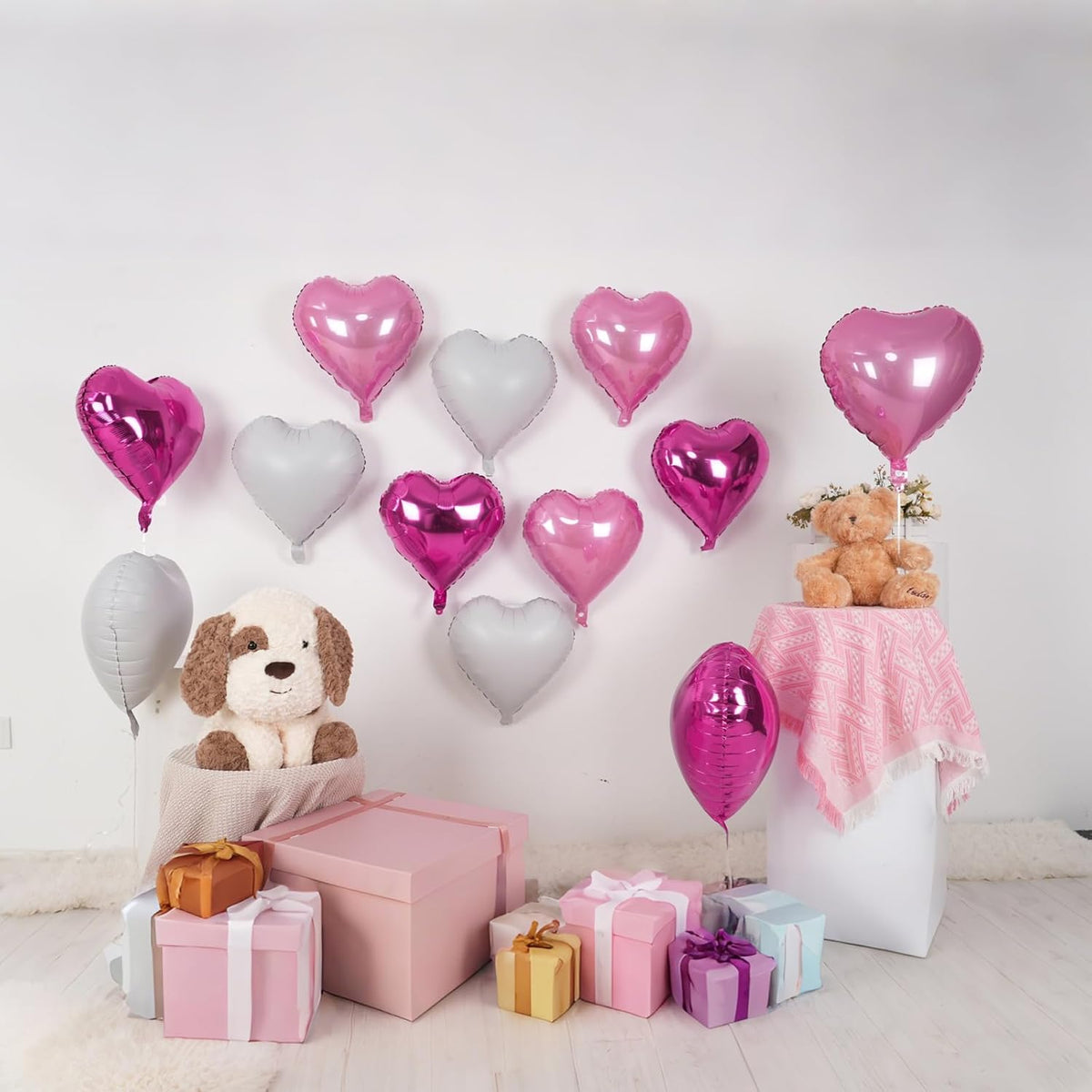 Hot Pink White Heart Balloons,12Pcs 18 Inch Light Pink Helium Foil Love Heart Shaped Balloons for
