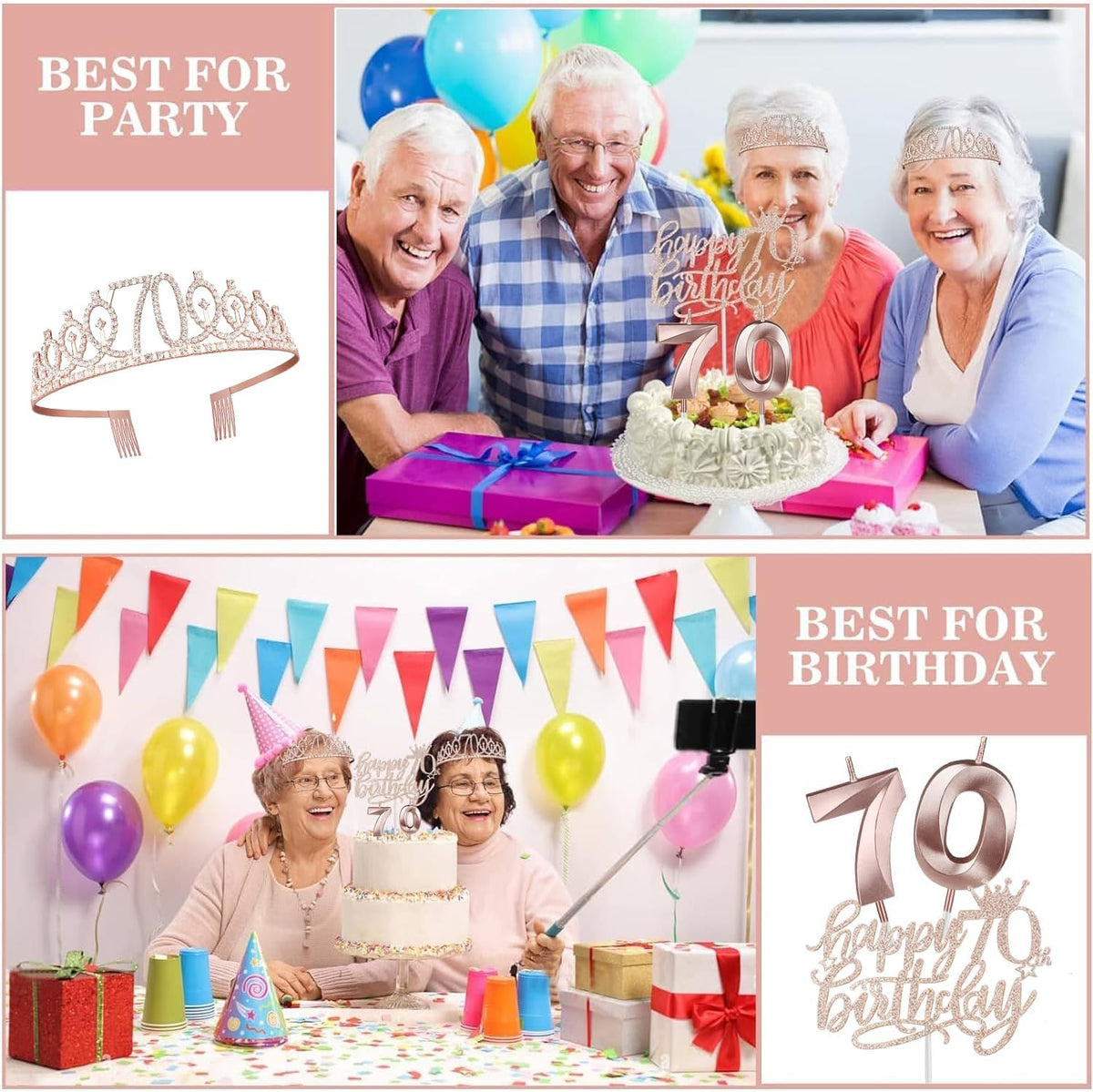 70th Birthday Decorations for Women, Including Sash, Crown/Tiara, Candles, Cake Topper, 70th