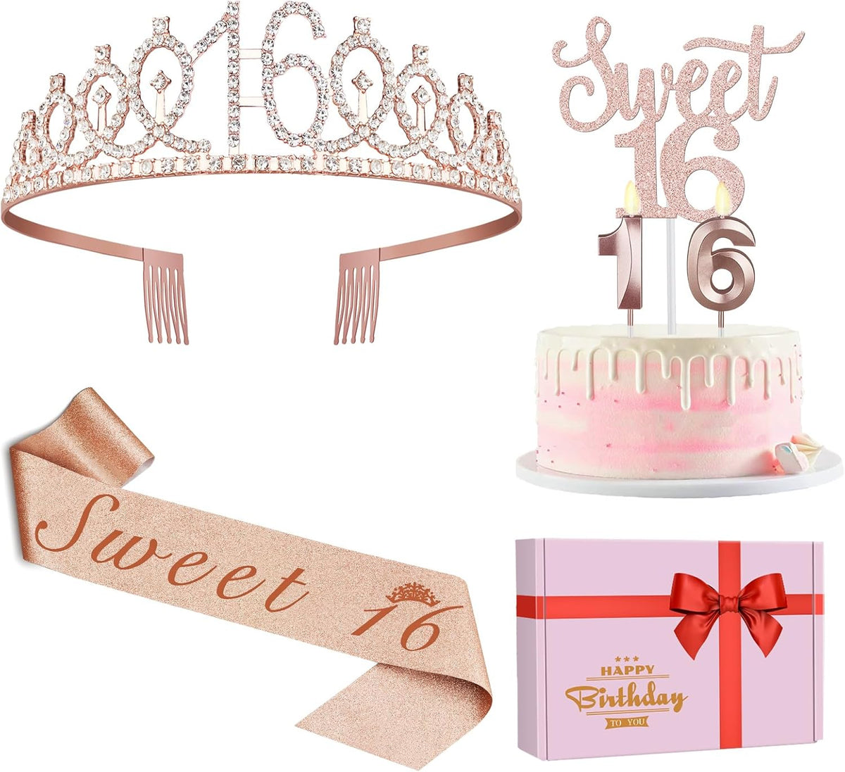 Sweet 16 Party Decorations for Girls Including Sash and Tiara, Cake Topper and Candles, 16th
