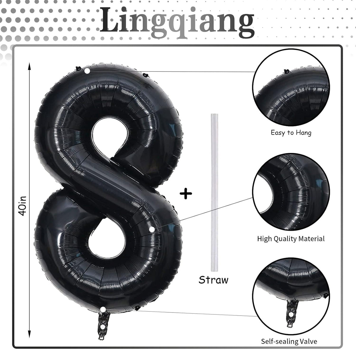 Black Number 8 Balloons, 40 Inch 8th Birthday Foil Balloon for Boys Girls, Giant Self Inflating