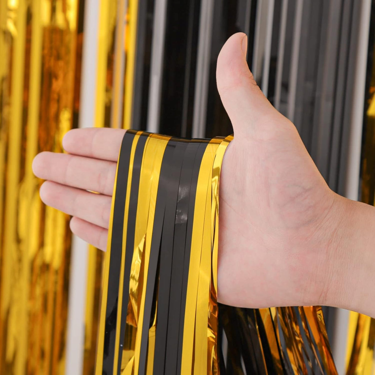 2 Pack Black and Gold Foil Fringe Backdrop Curtains, Tinsel Streamers Birthday Party Decorations