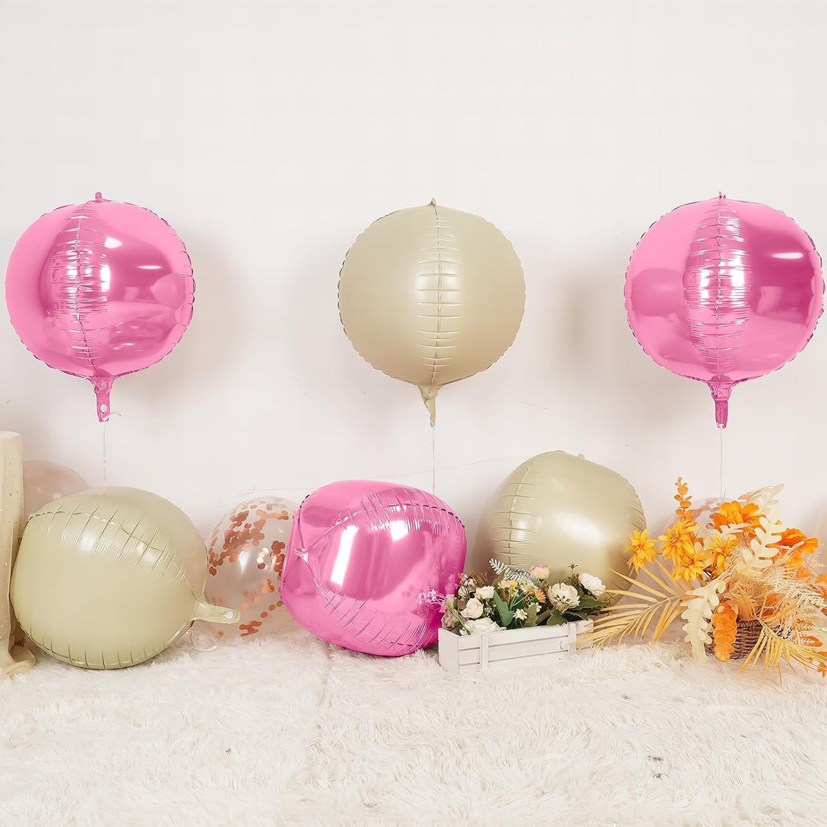 6Pcs Pink Cream White Round Foil Balloons,Giant 4D Round Ball Balloon,22 Inch Metallic Pink Cream