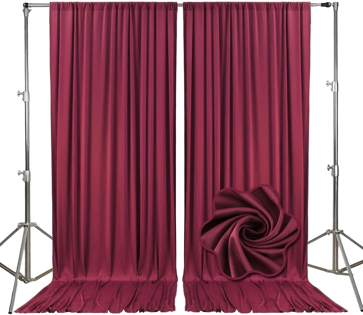 10ft x 10ft Burgundy Backdrop Curtains for Parties, Fabric Satin Background Curtain with Rod