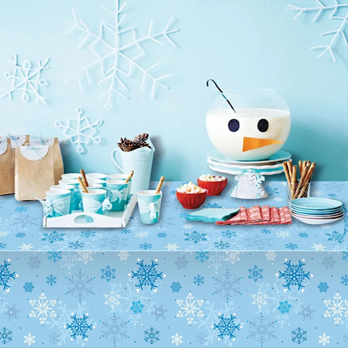 12 Pieces Christmas Snowflake Party Tablecloth Decorations,Plastic Ice Blue and White Winter