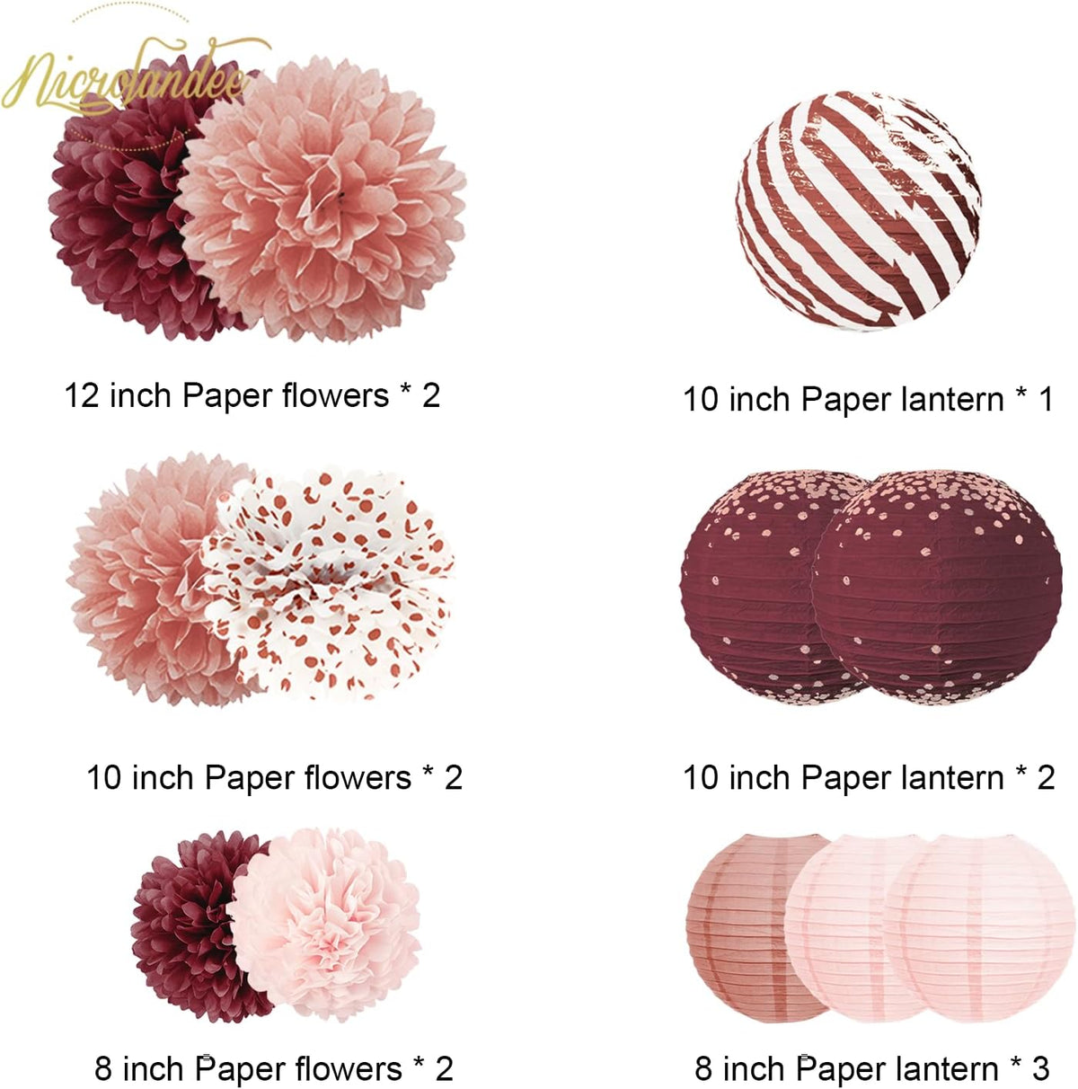 NICROLANDEE Burgundy Party Decorations 12PCS Hanging Paper Lanterns Tissue Pom Poms Decor for