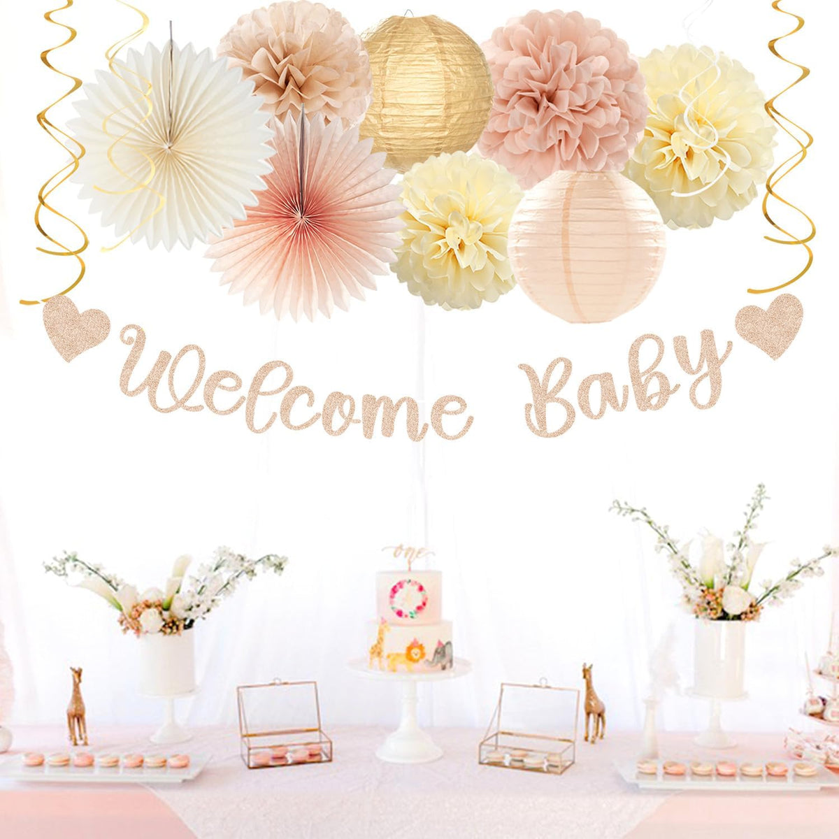 Champagne-Gold Beige Fall Baby-Shower Party-Decorations - 36pcs Welcome Home Banner Sign,Neutral