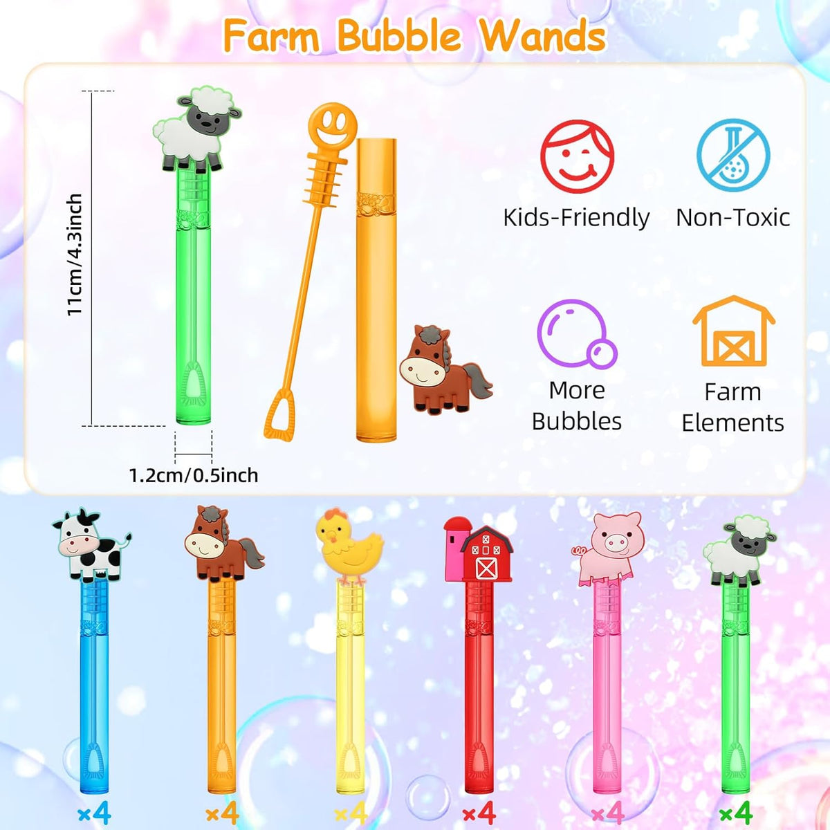 24 Farm Animal Party Favors Bubble Wands for Kids, Chicken Sheep Horse Cow Pig Mini Bubbles Wand