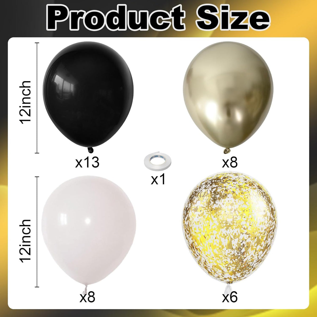 Black White Gold Balloons, 12 Inch 35PCS Black and White Balloon with Metallic Gold Confetti