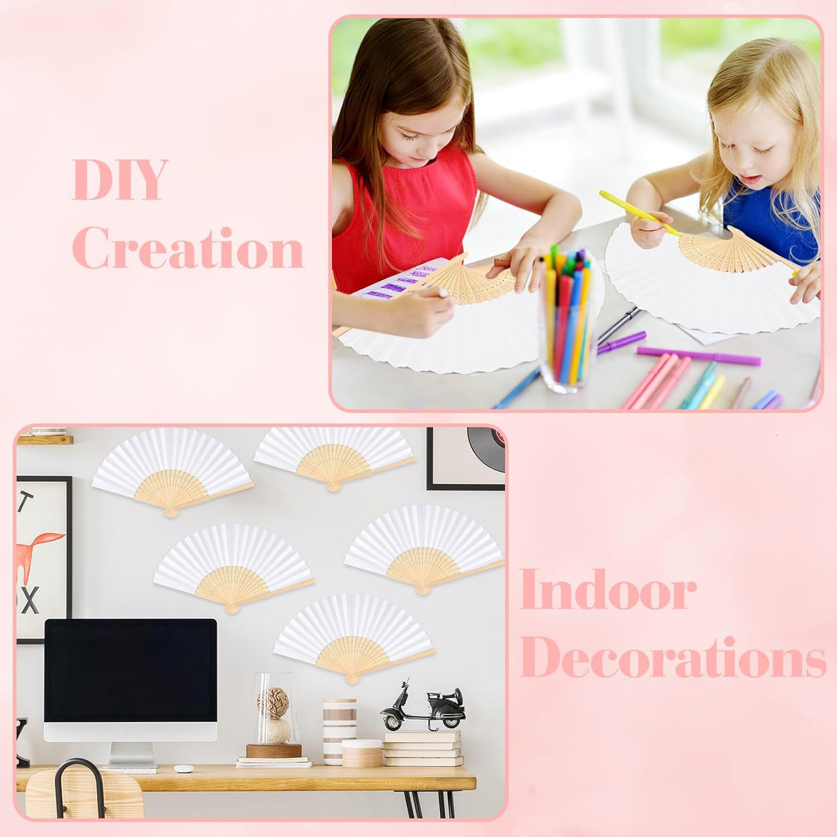 6 Pieces White Hand Held Bamboo Folding Fans Foldable Paper Fans Handheld for Women Girls Wedding