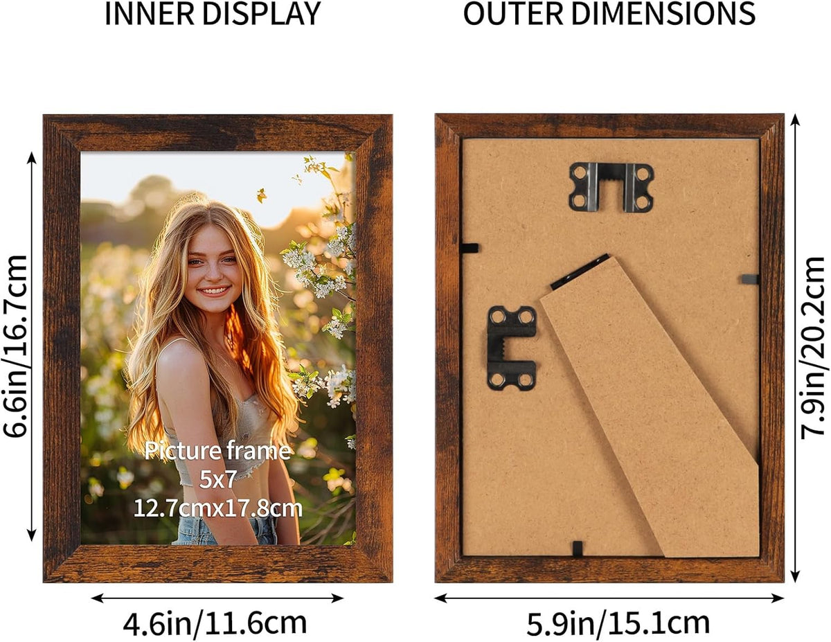 PETAFLOP Picture Frames 5x7 Bulk Set of 18, Wooden Brown Photo Frames Fits 5 by 7 for Wall or