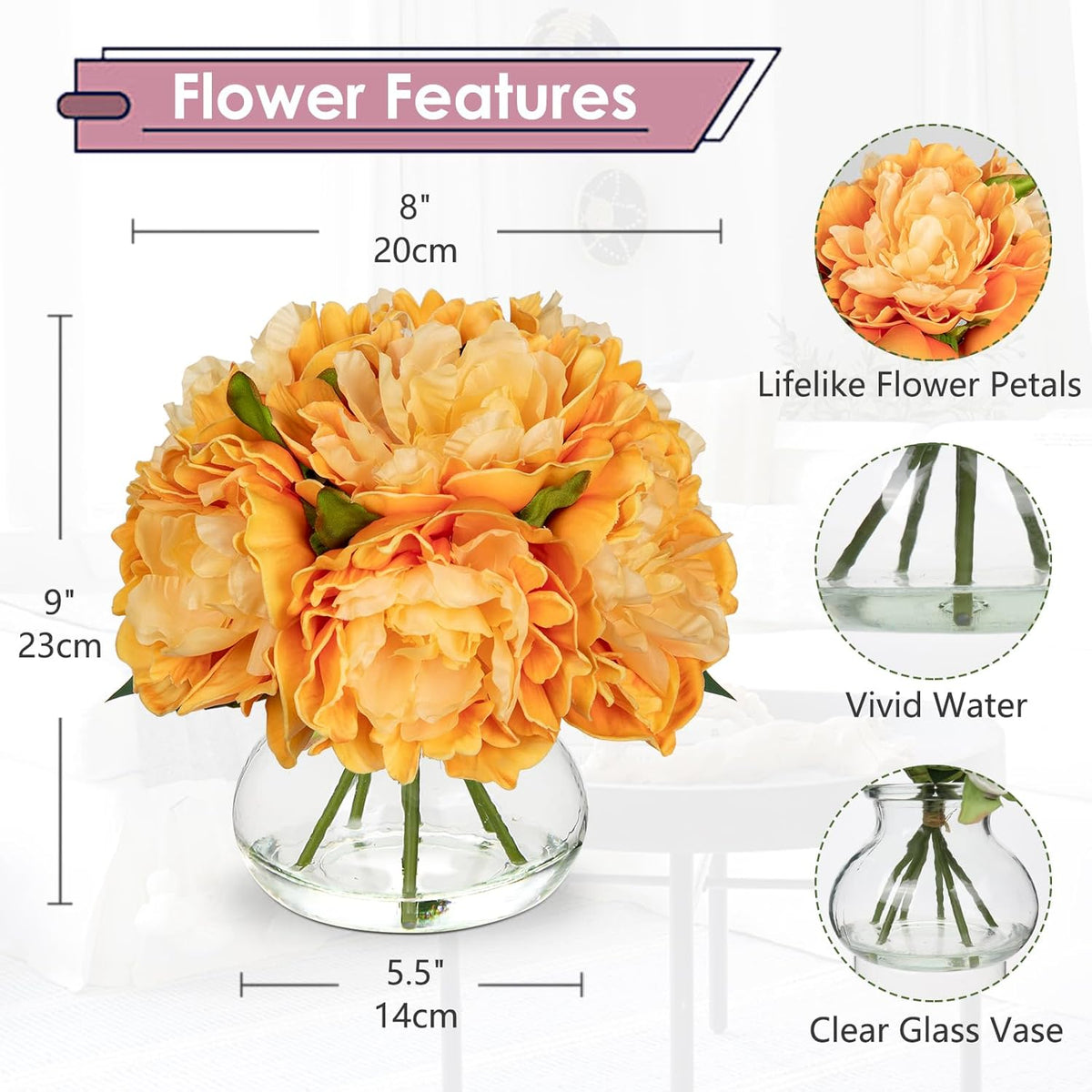 Hollyone Orange Peonies Fall Flowers Artificial for Decoration in Vase Faux Flowers Autumn Peony