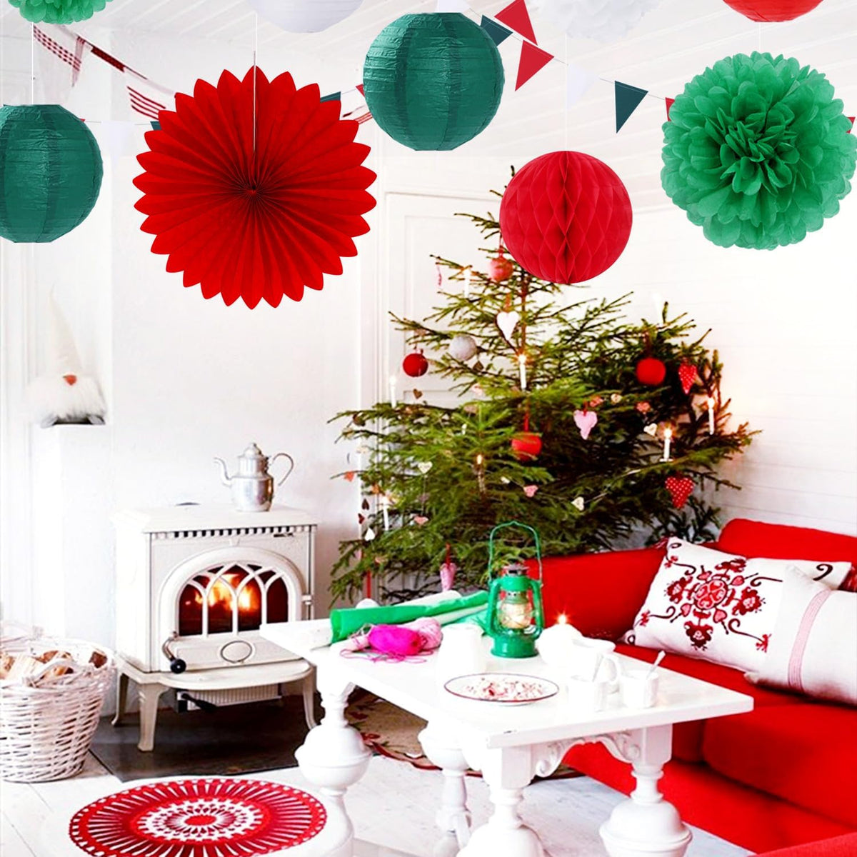 Red Green-White Christmas Party Decorations - 20pcs Mexican Italian Paper Lanterns Fans,Tissue Pom