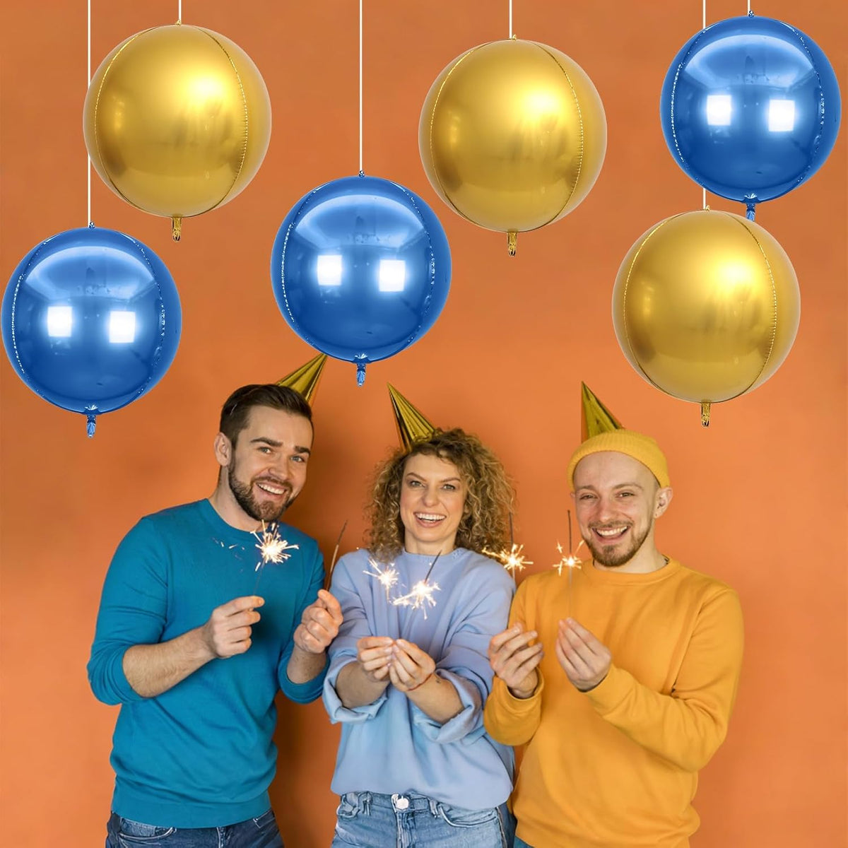 6Pcs Blue Gold Round Foil Balloons,Giant 4D Round Ball Balloon,22 Inch Metallic Blue Gold Balloons