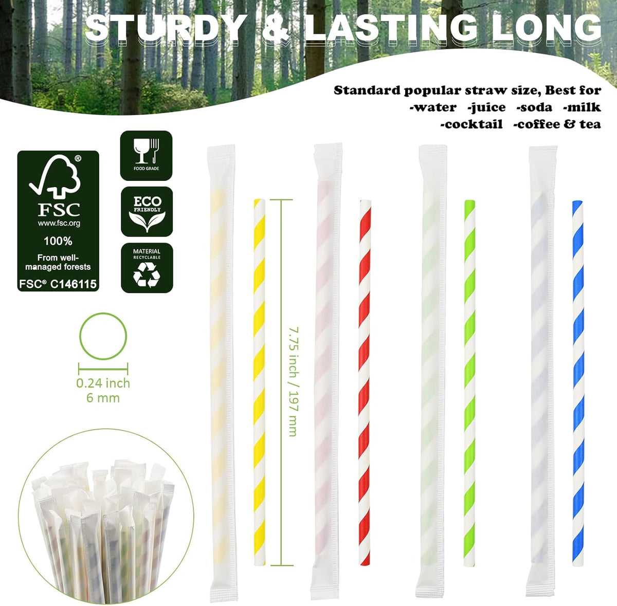 Disposable Paper Drinking Straws Bulk, Individually Wrapped - 7.75 Inch, Assorted Colors (Case of