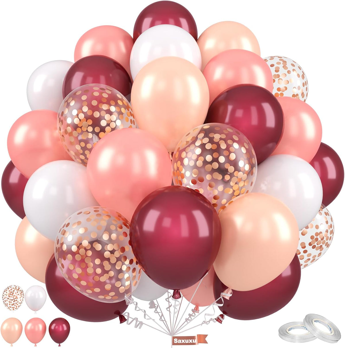 Burgundy Balloons, 12 Inch Maroon Balloons, Wine Red White Pearl Metallic Rose Gold Confetti