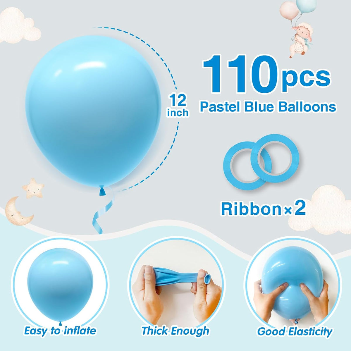 110pcs Pastel Blue Balloons 12 Inch Latex Light Blue Balloon Garland Arch Kit for Birthday Baby